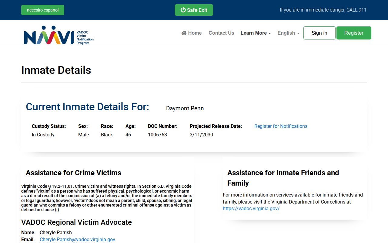 Brunswick County projected release date field in the Virginia NAAVI interface